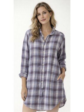 CP SHADES 100% Cotton Oversized Plaid Shirt Dress in Light Blue Gauzy Boho XL